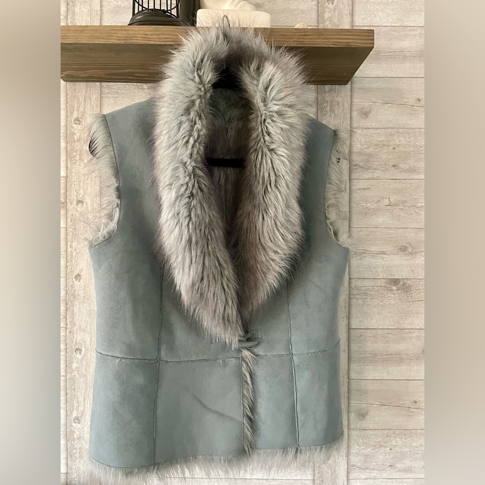 Stunning faux fur/shearling gilet in soft duck egg blue